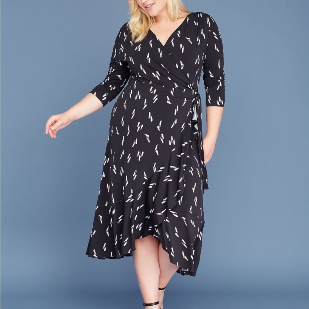 Lane Bryant Black Wrap Midi Dress with Pink & White Lipstick Print 18/20 (6419)